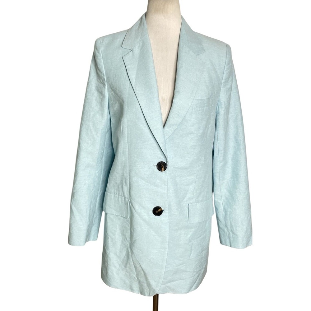 NWT ZARA Light Blue Cotton Blend Long Line Jacket Blazer Size M